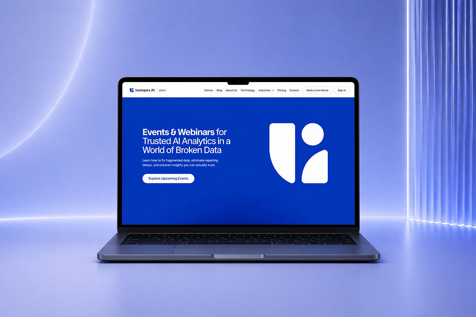 AI analytics events and webinars page designed by Argh Matey shown on laptop with clean SaaS layout and call to action button.