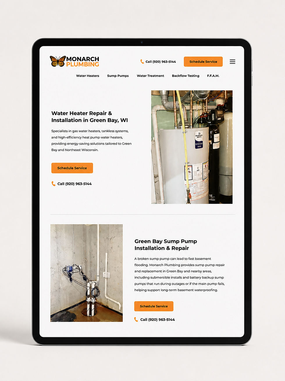 Plumbing website sections for water heater repair and sump pump services optimized for local SEO in Green Bay Wisconsin.