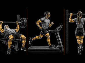 Starck Fitness illustration of strength and endurance exercises including bench press, treadmill running and pull-ups.