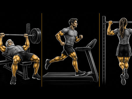 Starck Fitness illustration of strength and endurance exercises including bench press, treadmill running and pull-ups.