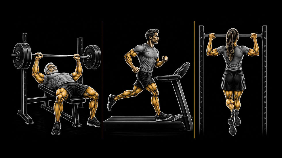 Starck Fitness illustration of strength and endurance exercises including bench press, treadmill running and pull-ups.