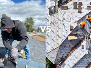 Comparison of roof repair versus roof replacement, showing localized shingle repair alongside full roof installation