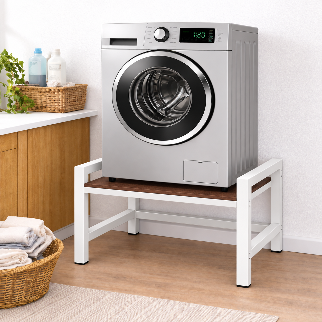 White adjustable washing machine riser stand with brown board