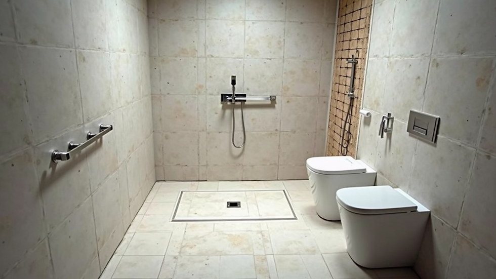 High angle view of a bathroom renovation with new tiles and fixtures