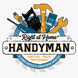 Right at Home Handyman logo with tools, punctual, polite, professional service offered.