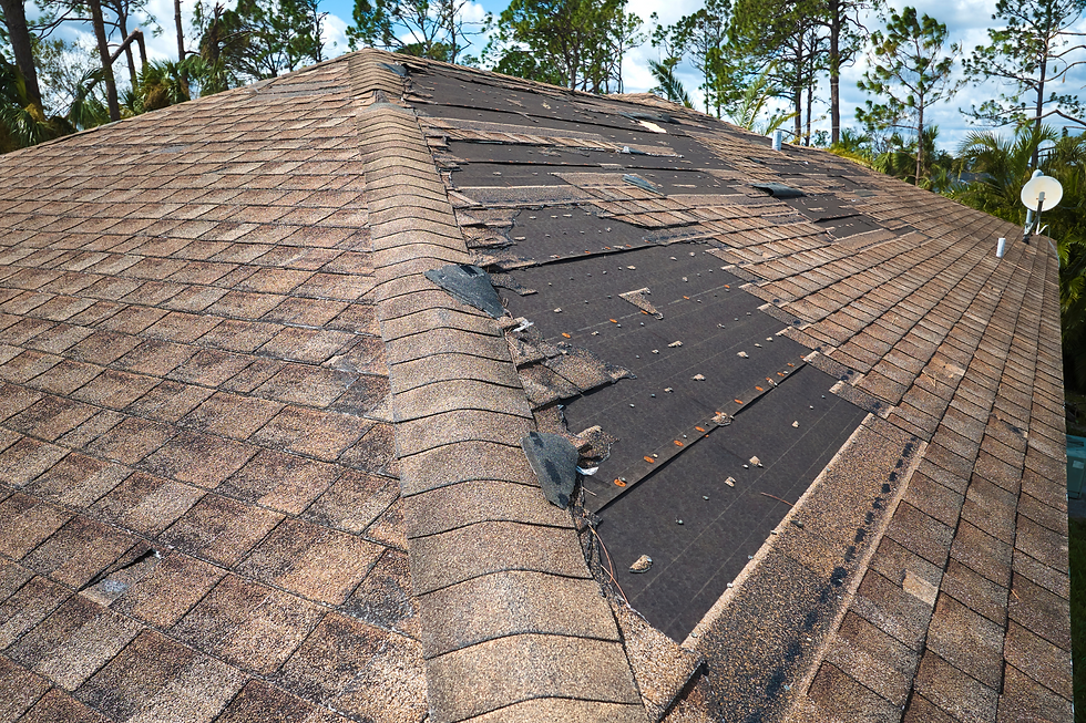 Damaged roof with missing shingles, exposing black underlayer. Surrounding are trees under a blue sky. Mood is urgent for repair.