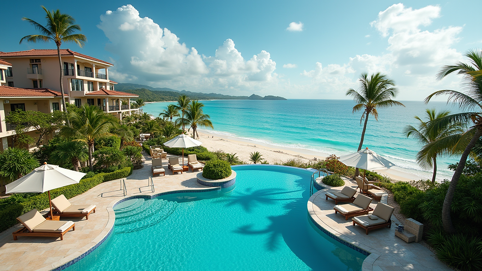 Vista panorámica de resort de lujo en Punta Cana con piscina y playa
