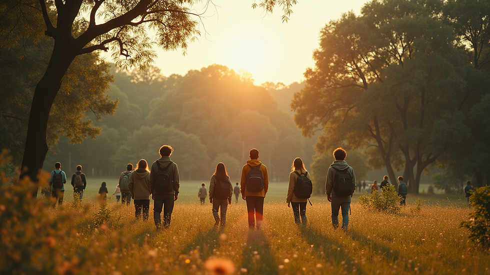 Vista aérea de un grupo de estudiantes disfrutando en un parque natural