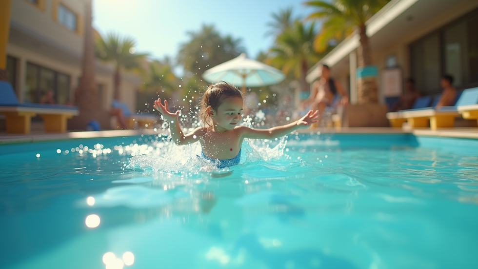 Vista a nivel de ojo de una piscina infantil con juegos acuáticos en un resort familiar
