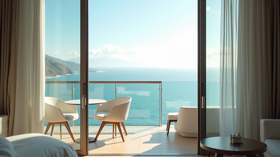 Vista panorámica desde una suite de hotel de lujo con balcón y mar al fondo