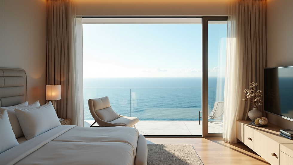 Primer plano de una habitación de hotel de lujo con vista al mar