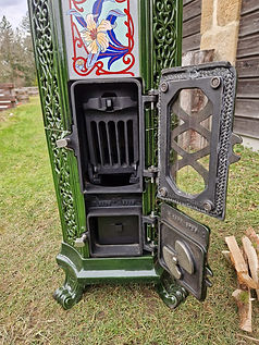 poele a bois godin belle époque émaillé vert majolique