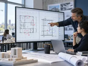 Student reviewing changes and markups between two construction drawing revisions