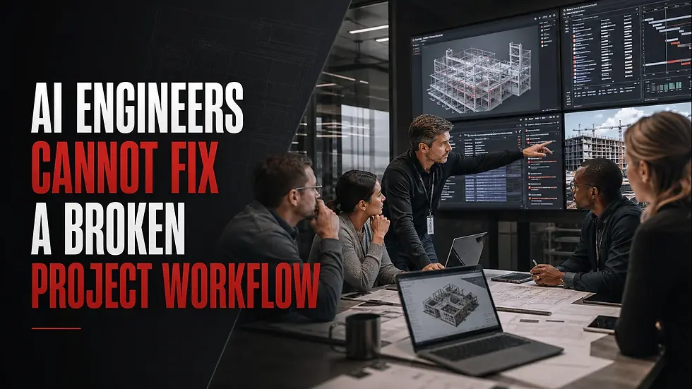 Construction project team and AI engineer reviewing BIM models, RFIs and project data workflows