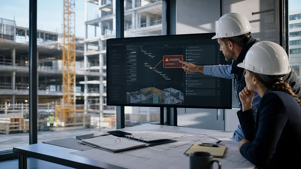 Construction team reviewing an AI warning connected to a project schedule and BIM model