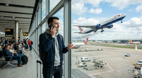 A man talks on his smartphone at an airport