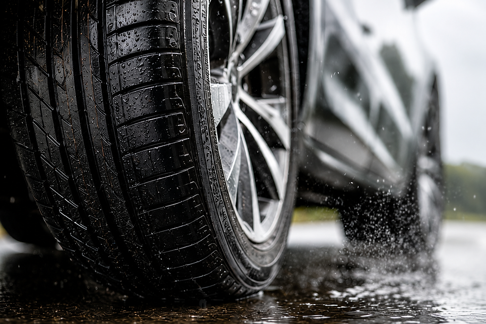 real close up of car tyres on wet road