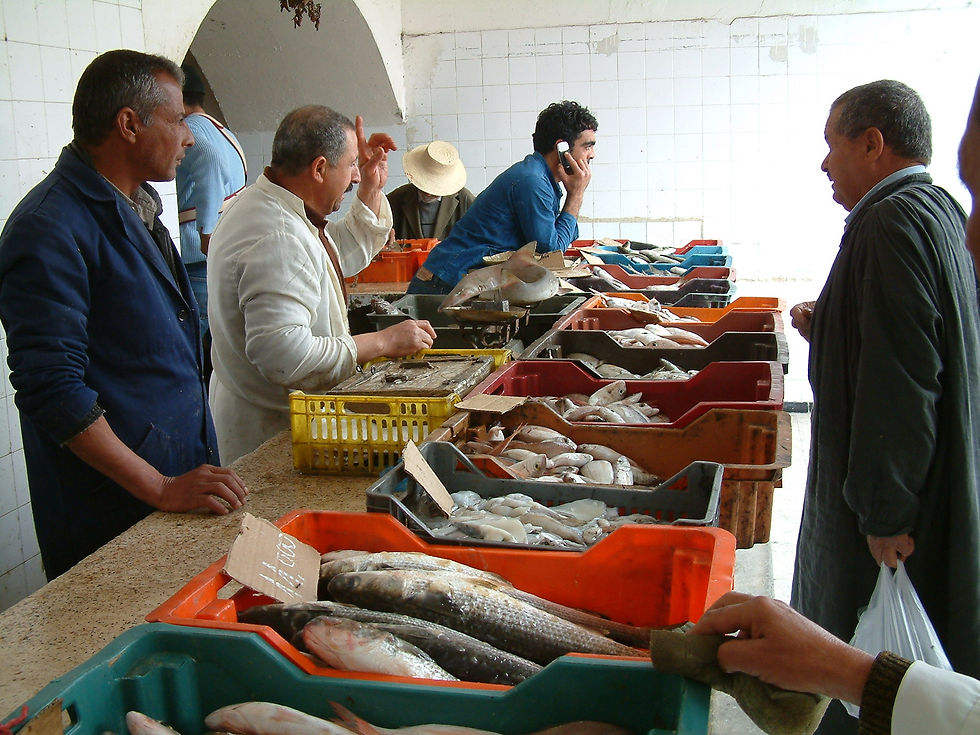 Haggling over fish in a Tunisian seafood market