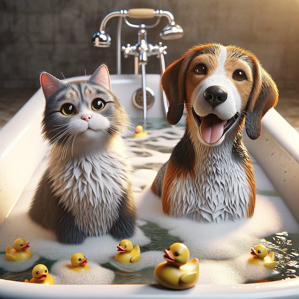 cat and dog in bath tub together and both smiling