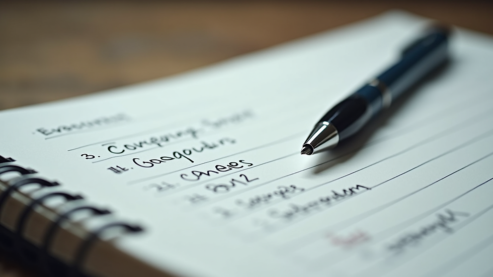 Close-up of a notebook with handwritten financial goals and a pen