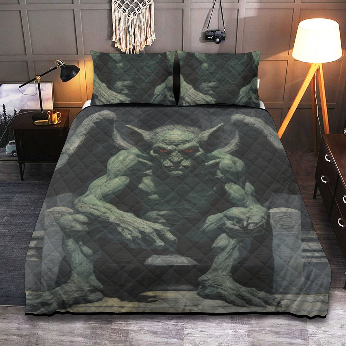 Gothic alternative horror occult gargoyle quilted 3-piece bedroom bedding set 5