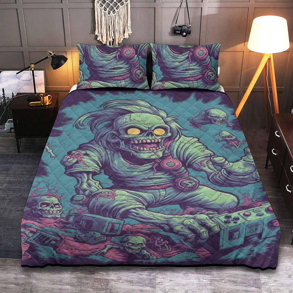 Trippy vibrant neon horror Gothic alt graphic zombie quit 3 piece bed set 9