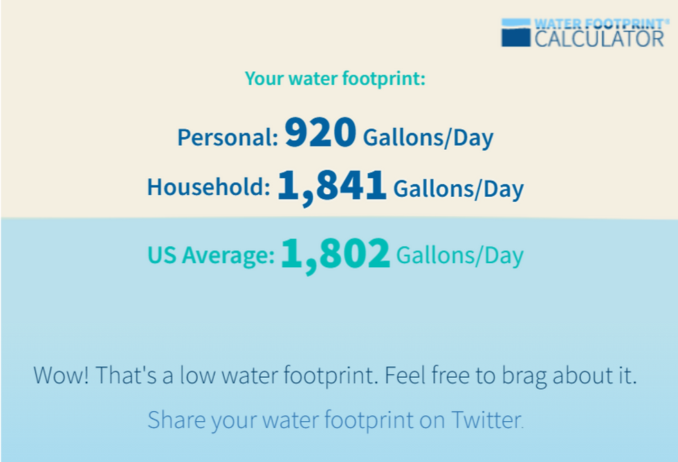 Text shows water usage: Personal 920, Household 1,841, US Average 1,802 gallons/day. Encourages sharing on Twitter. Blue background.