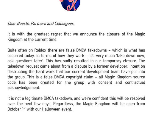 Magic Kingdom Roblox Deleted Through an Illegitimate DMCA Claim
