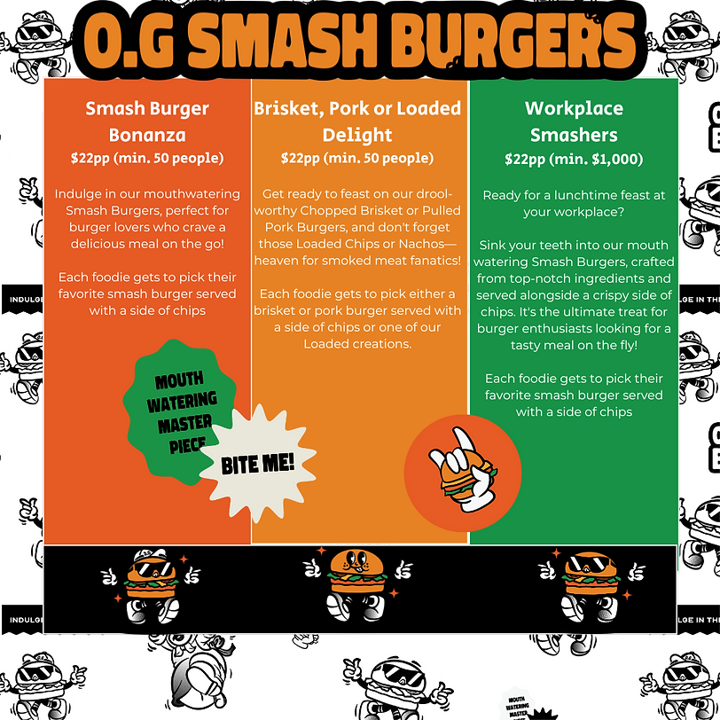 Workplace Smashers $22pp (min. $1,100) Ready for a lunchtime feast at your workplace Sink your teeth into our mouth watering Smash Burgers, crafted from top-notch ingredients and served alongside .png