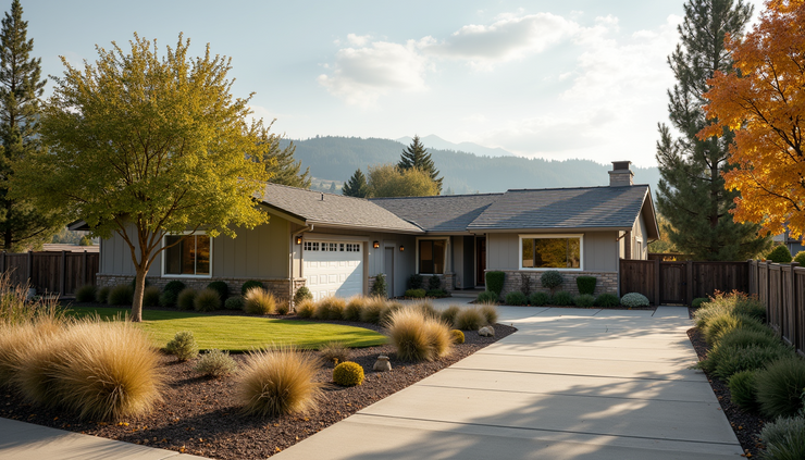 High angle view of a cleared ember safe zone around a home with fire-resistant landscaping in Idaho
