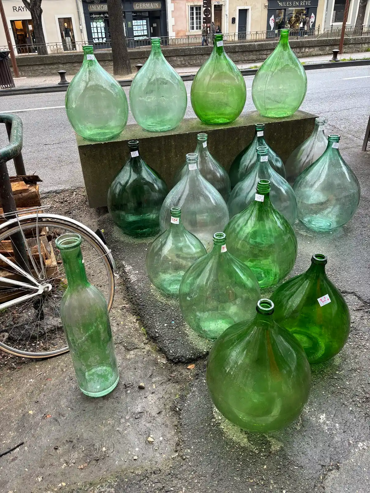 Green glass vintage bottles.