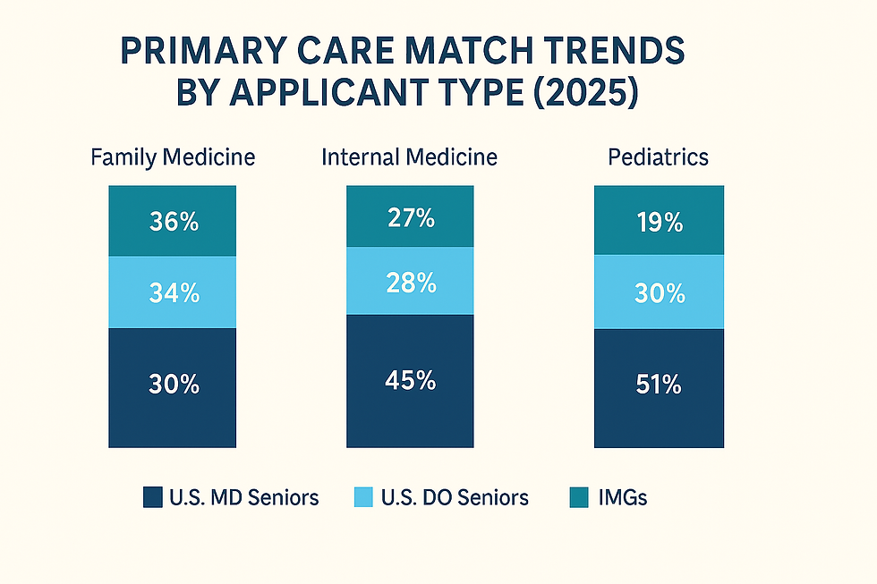 This infographic illustrates the 2025 primary care match trends by applicant type. While U.S. MD seniors make up less than half of matches in every primary care specialty shown, DOs and IMGs are increasingly filling the gap—highlighting a sharp decline in primary care interest among traditional MD graduates.