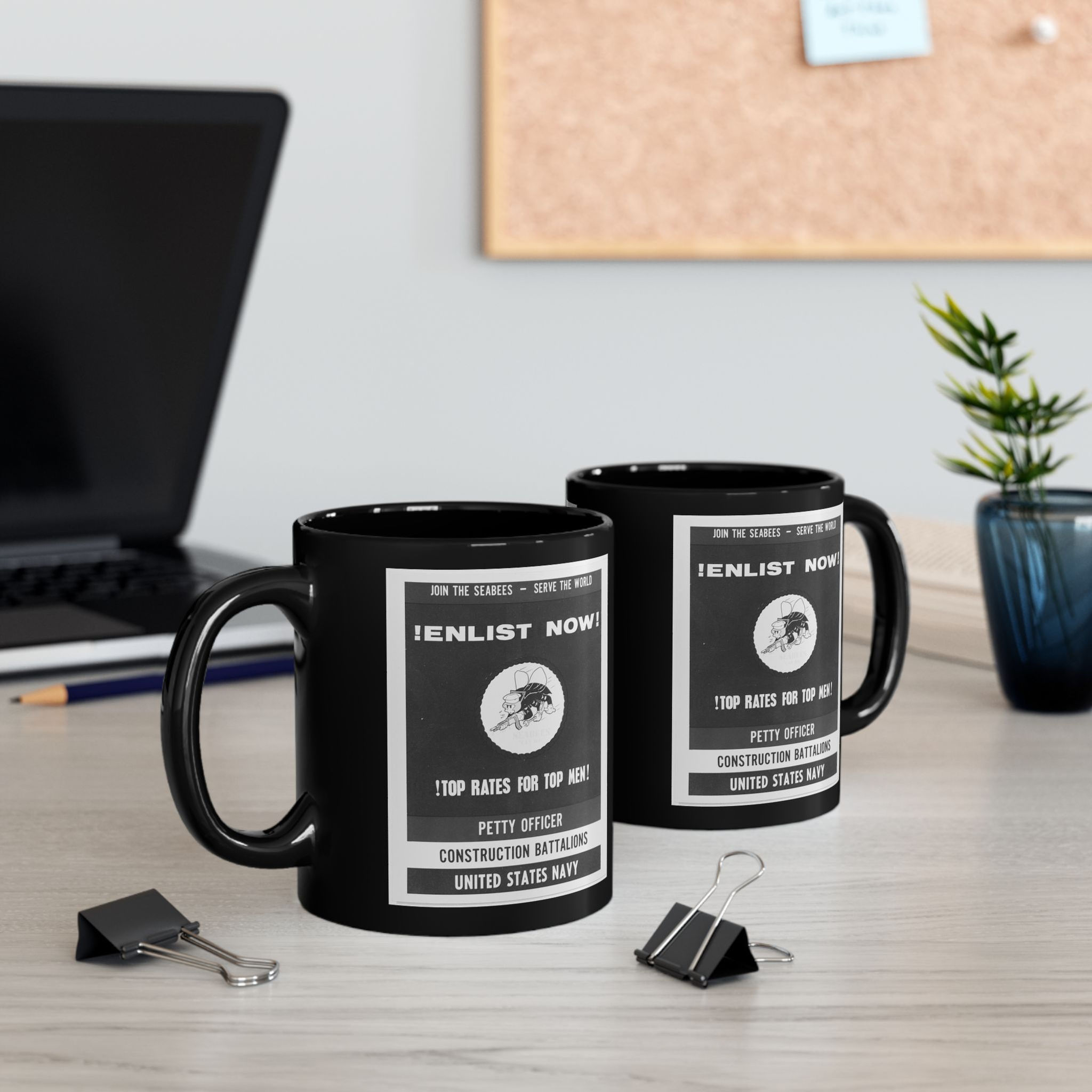 Double Sided Enlist in the Seabees Vintage-Inspired Black Mug