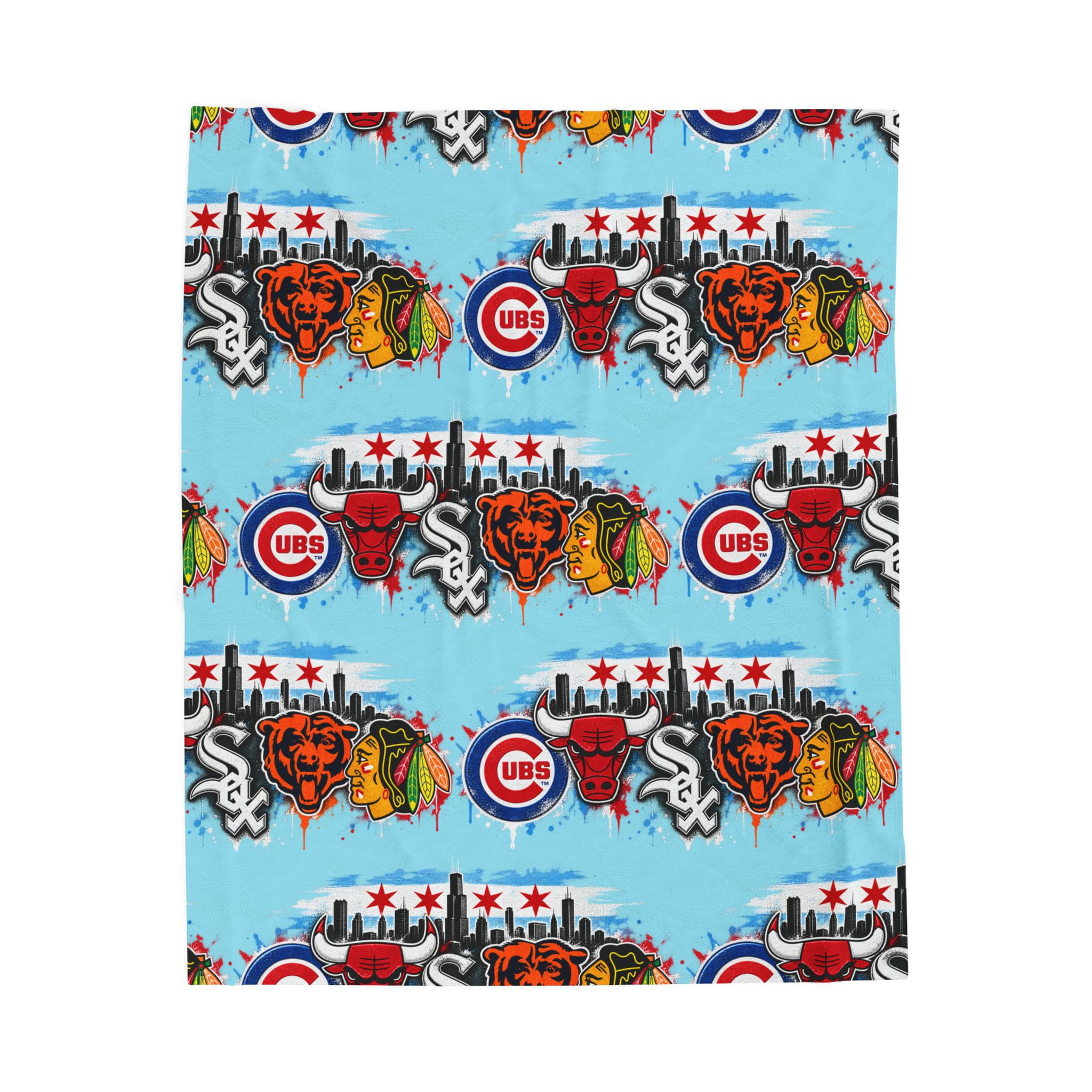 Chicago Teams Velveteen Plush Blanket — Cubs, Bears & Blackhawks Logo Collage