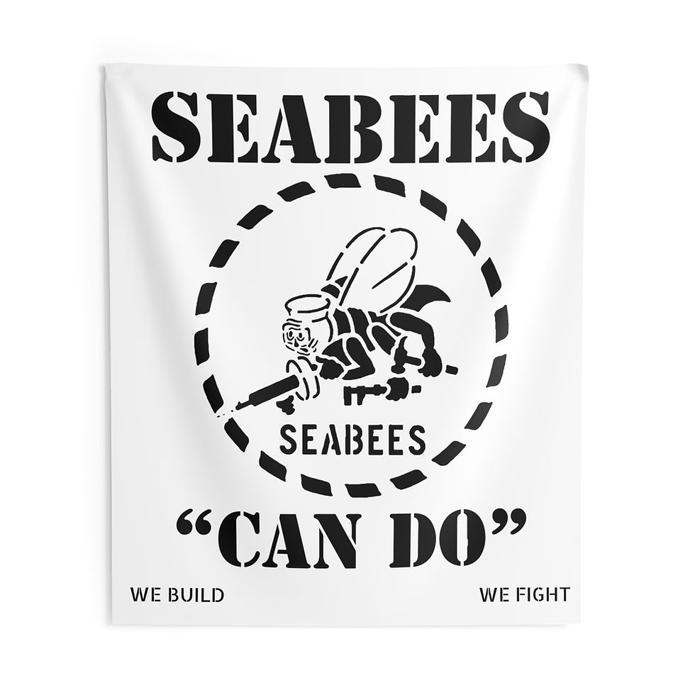 Thumbnail: Seabees Indoor Wall Tapestries stencil can do we build we fight black and white