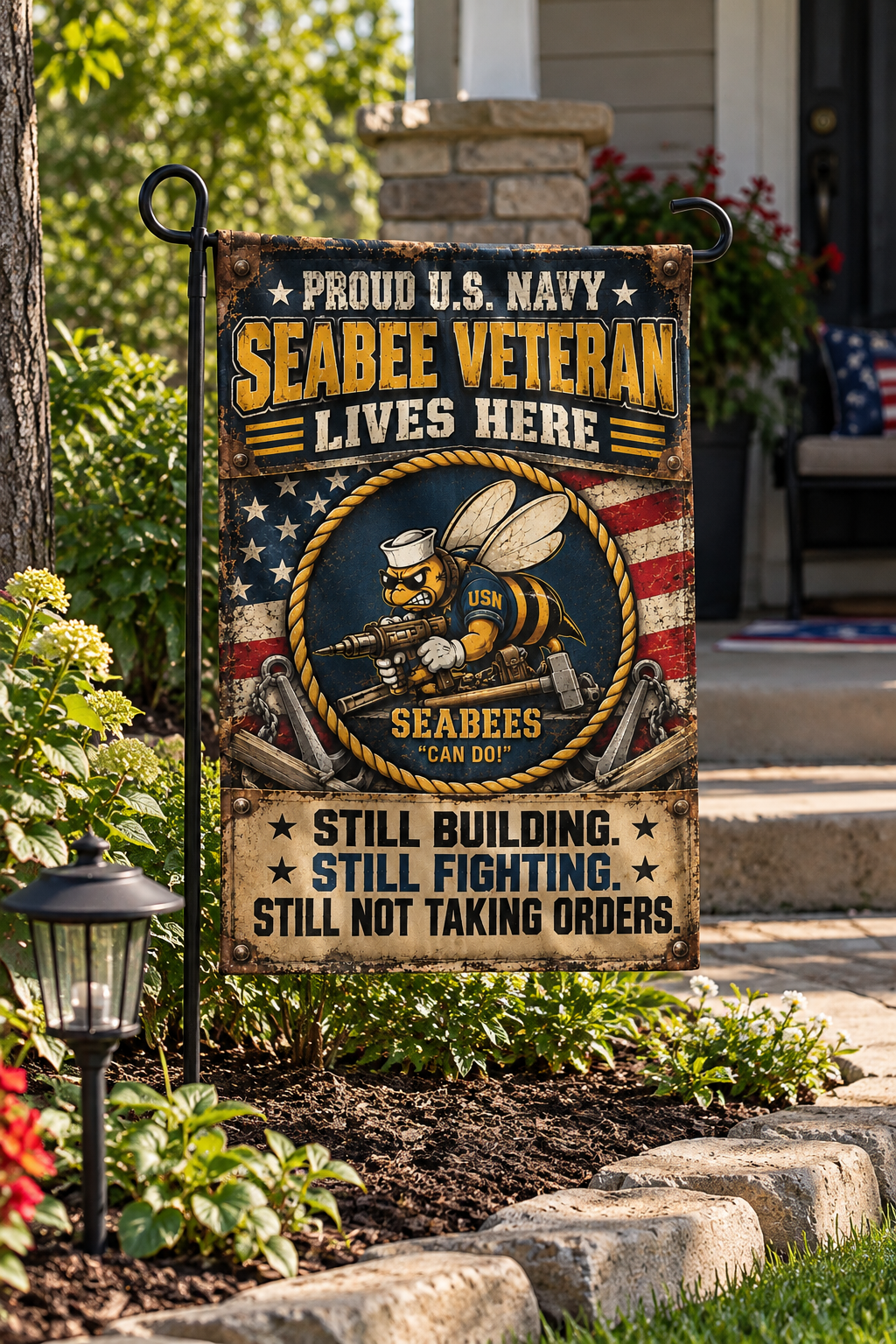 Proud U.S. Navy Seabee Veteran Lives Here – Double-Sided Garden Flag