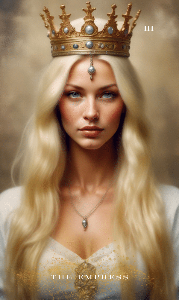 The Empress tarot card from the One Celtic Witch Enchanted Tarot deck featuring a crowned blonde woman with piercing blue eyes, wearing a gold royal crown and white gown, symbolizing feminine strength, abundance, and nurturing power.