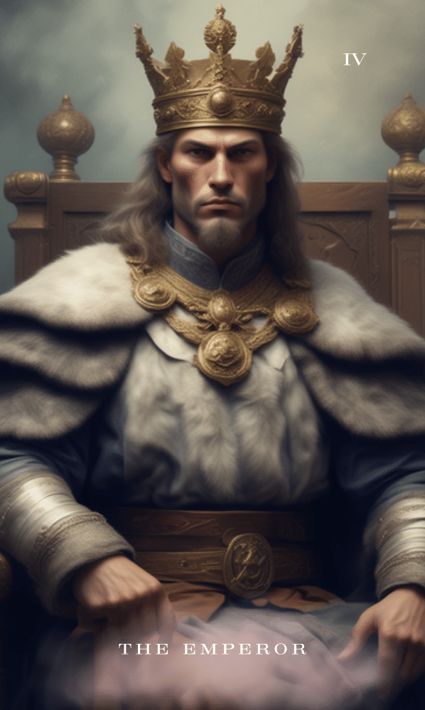The Emperor tarot card with crowned king on throne representing authority, stability, leadership, and structure.
