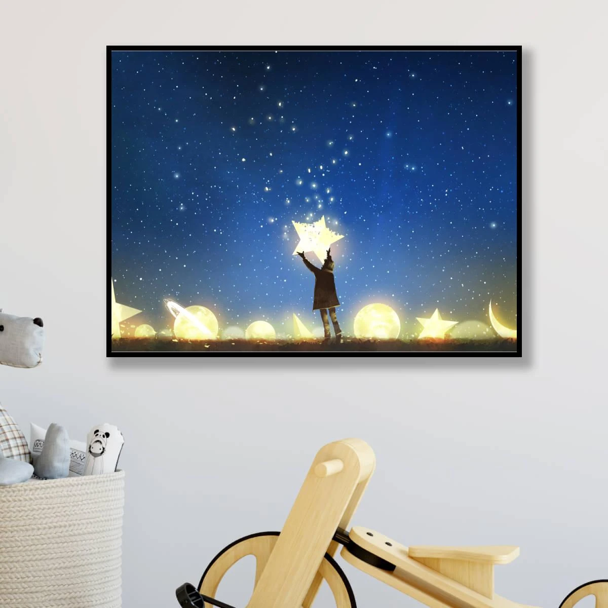 ילדת השמיים – תמונה על זכוכית או קנבס לחדרי ילדים של שמיים ירח וכוכבים דגם 3728311