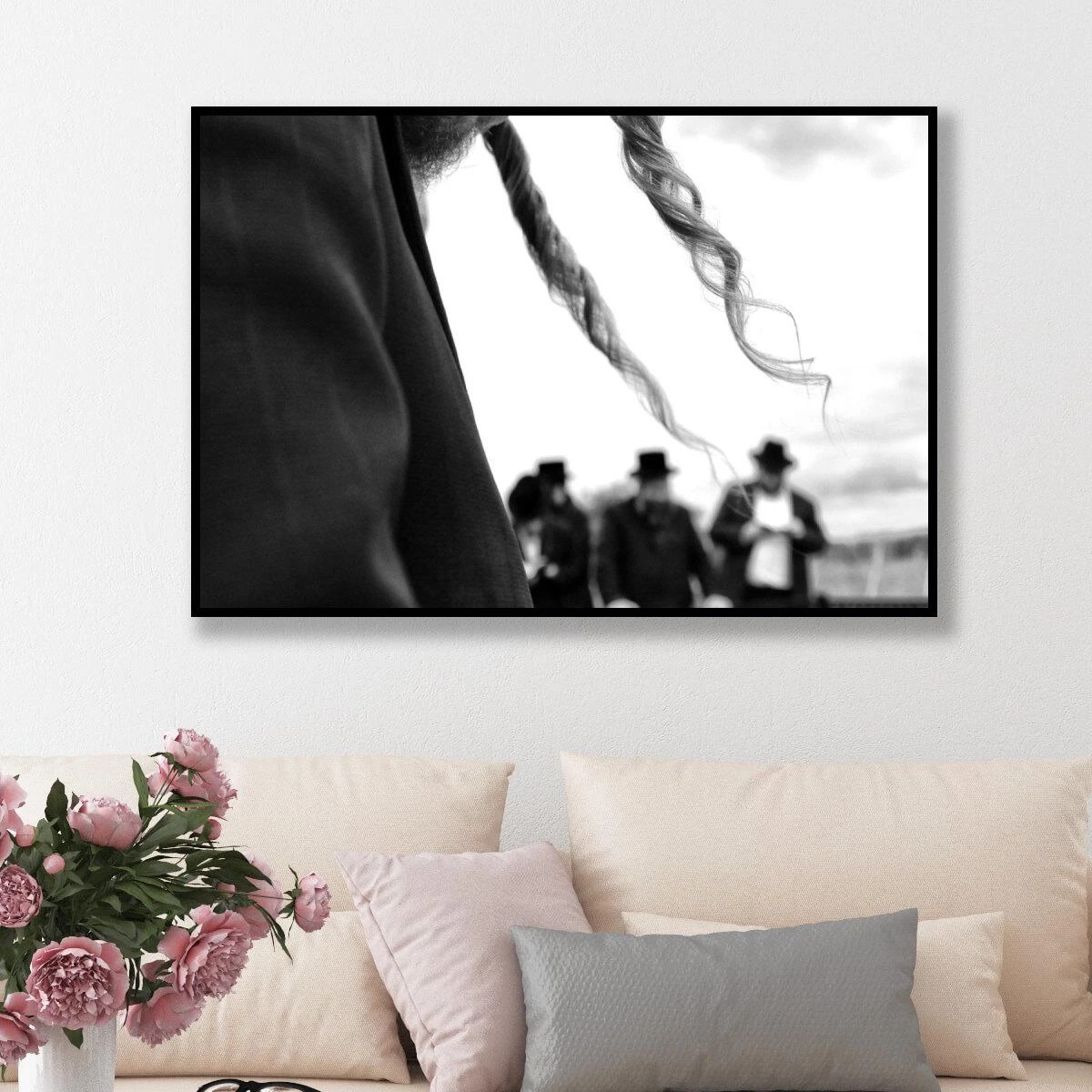 חסידים בתפילה - תמונה בשחור לבן תמונה יהודית לבית יהודי לסלון למסדרון על קנבס וזכוכית דגם 3728205