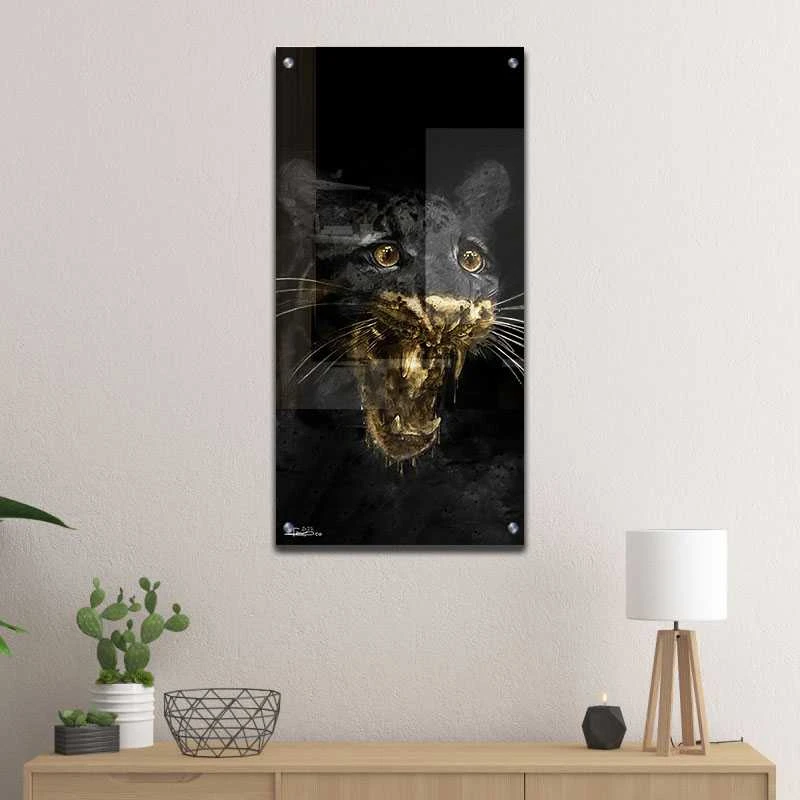 תמונת זכוכית לכניסה לבית חתול פראי ציור על זכוכית בגווני שחור, אפור, זהב - דגם galvtm46p2629