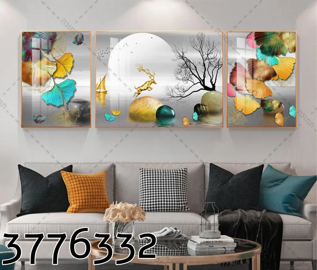 סט תמונות קנבס 'אבסטרקט איילה ופרפרים' לתלייה בסלון דגם 3776332