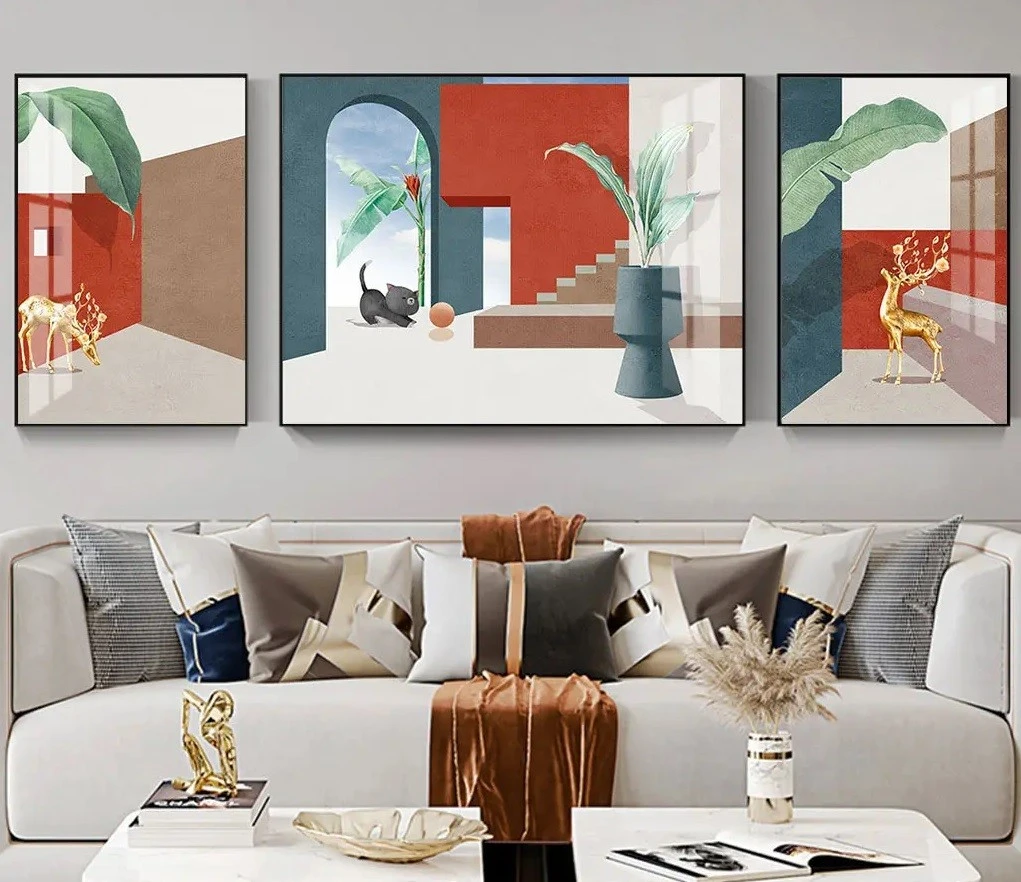 סט 3 תמונות קנבס מחולקות איילות בורדו ירוק עיצוב מיוחד טבע ונופים לקליניקה - דגם 24361136