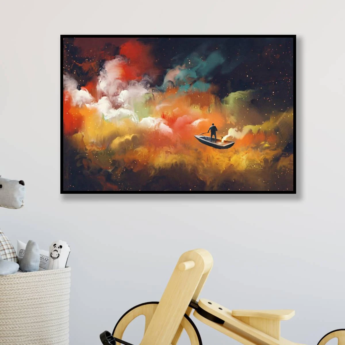 ציור לחדר ילדים או חדר נוער - תמונת פנטזיה סירה בענני צבע הדפסה על זכוכית &amp; קנבס דגם 3728339