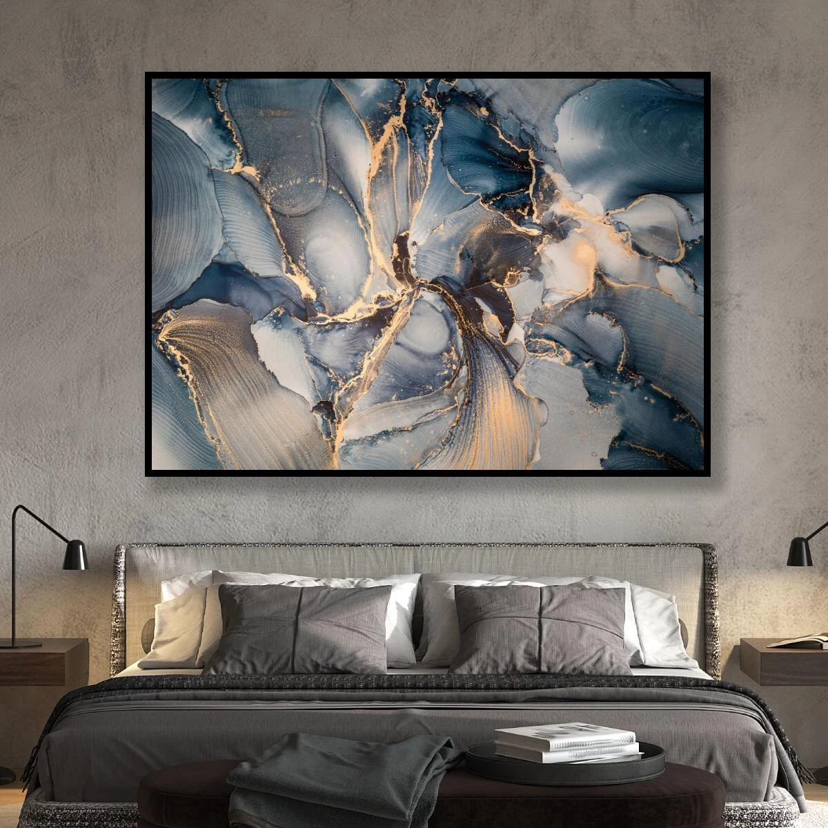 פרח אבסטרקטי כחול אפור - תמונה לסלון לחדר שינה על קנבס וזכוכית זמינה בחלקים דגם 3728604