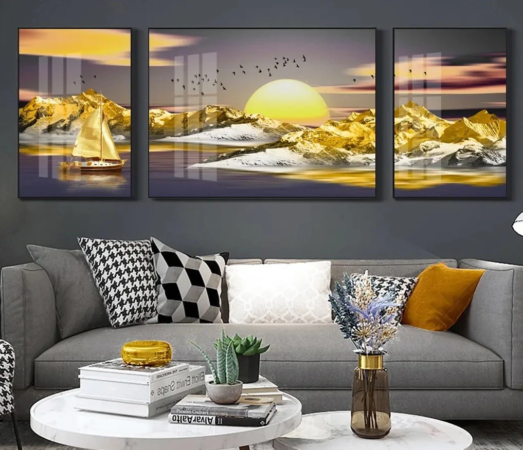 סט 3 תמונות קנבס מחולקות חלל זהב כהה שמש עיצוב מיוחד טבע ונופים למטבח - דגם 27690344