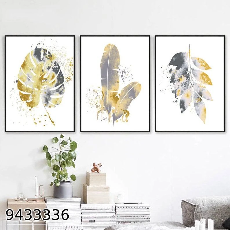 סט 3 תמונות של עלים למטבח בגווני זהב על רקע לבן מק"ט 9433336