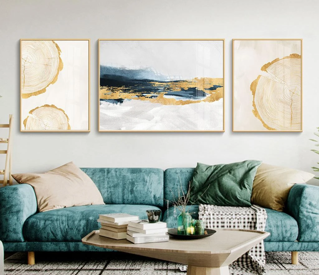 סט 3 תמונות קיר על קנבס אבסטרקט עם אלמנטים עגולים לסלון מודרני או לקליניקה דגם 3728475