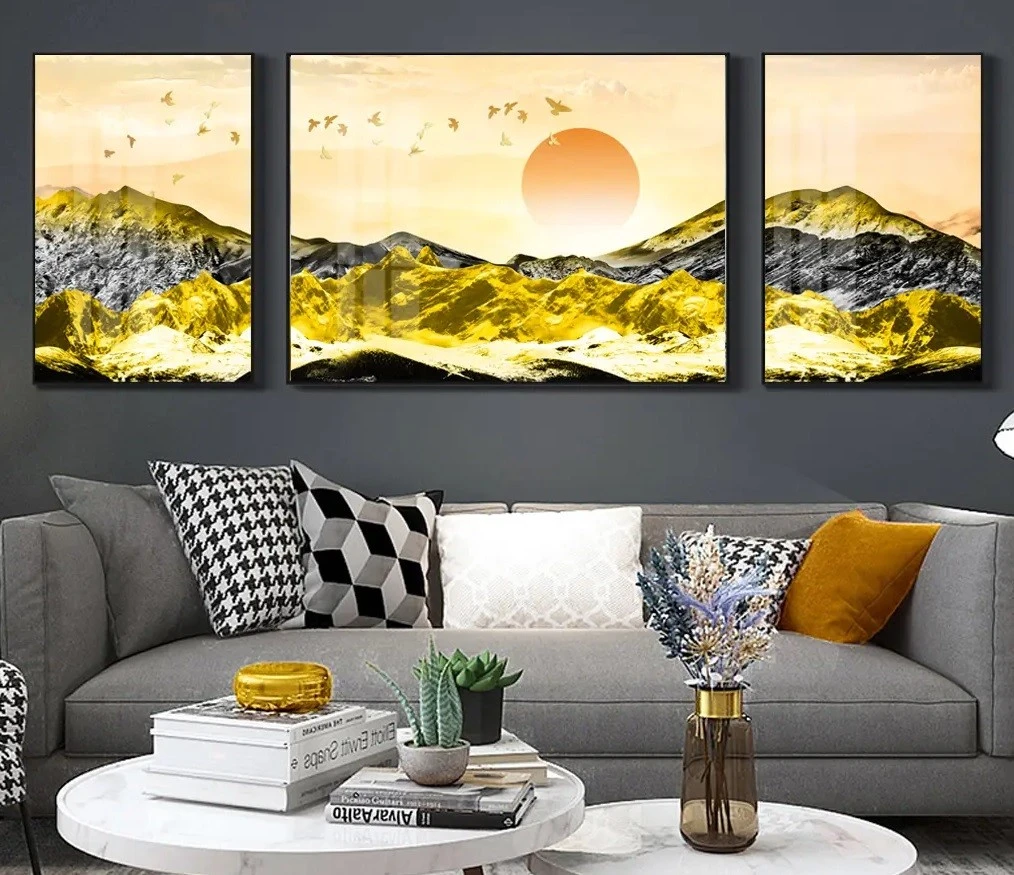 סט 3 תמונות קנבס מחולקות הרים נופים זהב עיצוב מיוחד טבע ונופים למשרד - דגם 24209295