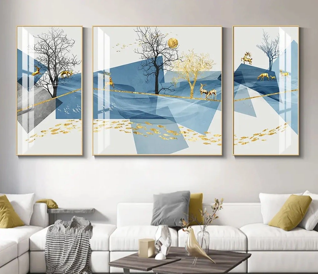 סט 3 תמונות קנבס מחולקות קנבס סלון איילים טורקיז רקע בהיר עיצוב מיוחד טבע ונופים לסלון - דגם 24364306